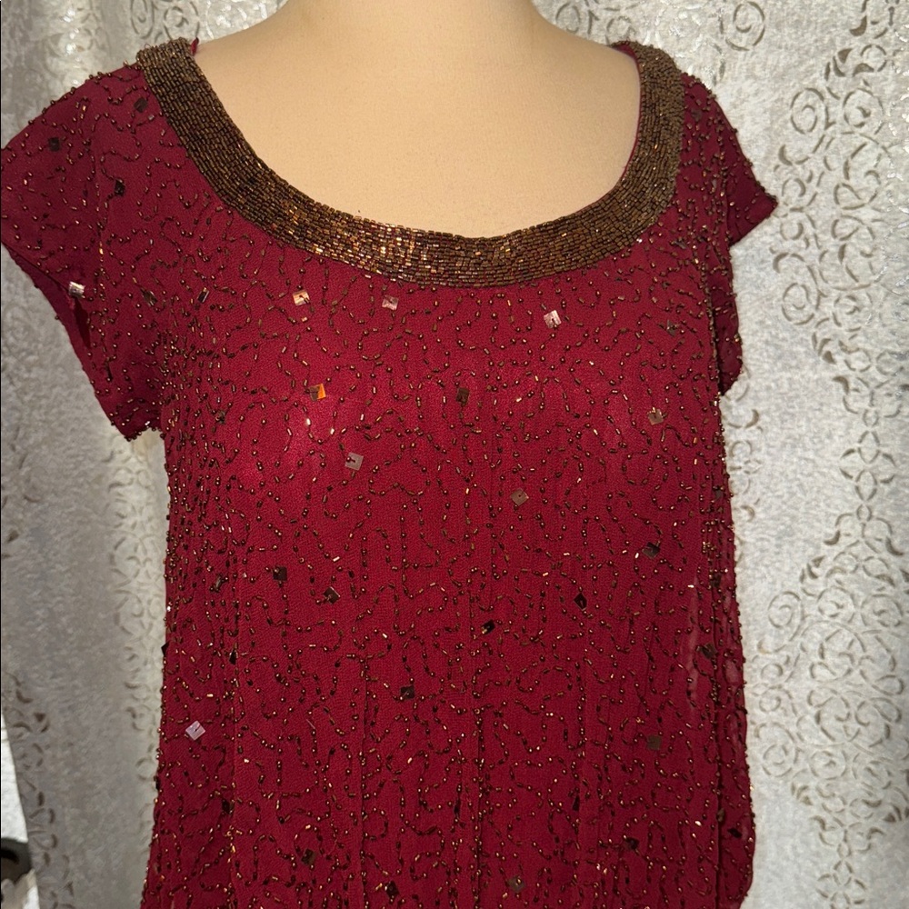 Betsy & Adam Elegant Burgundy Sequin Gown 6